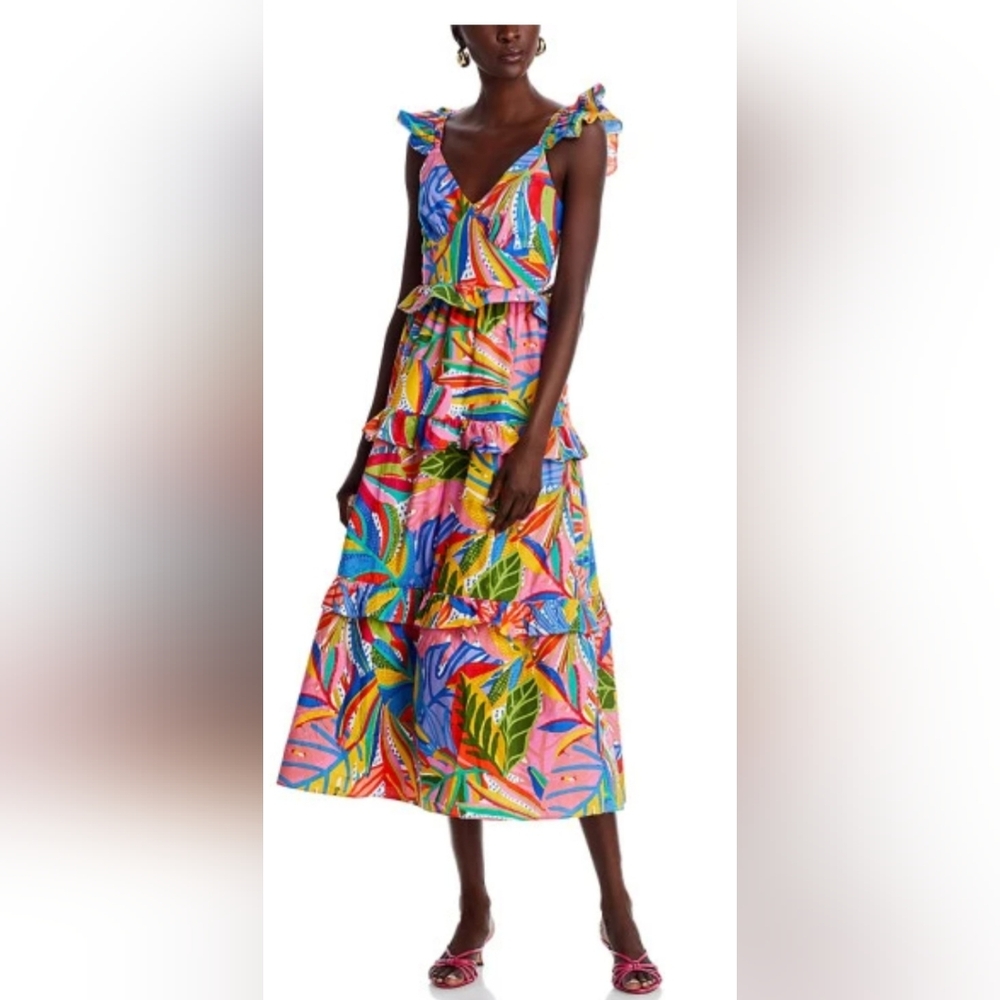 Aqua bright pink tropical multi Ruffled straps‎ Tiered Midi Dress size XL new